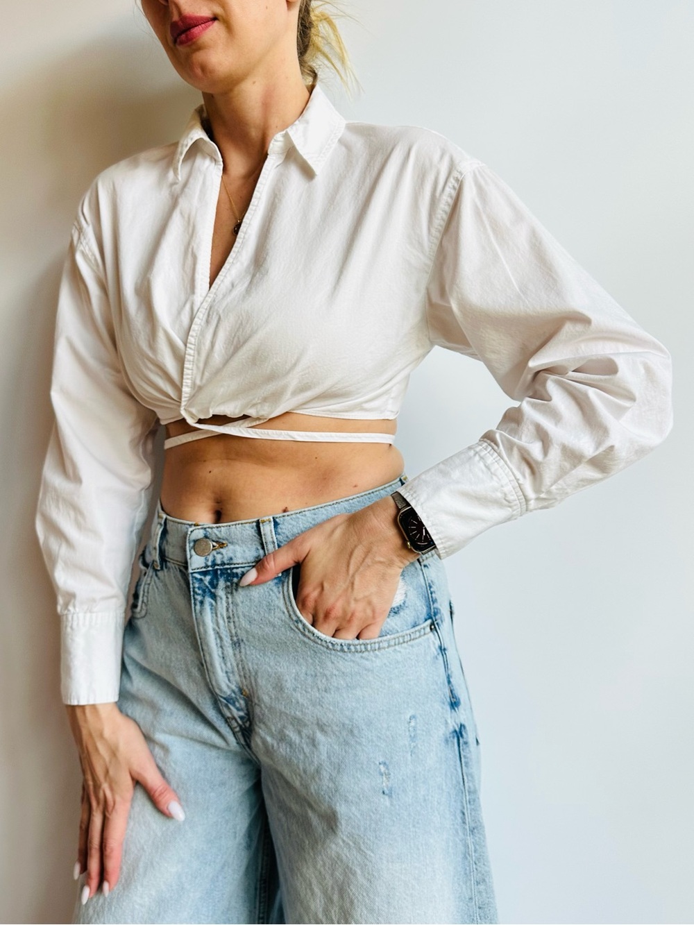 Zara 100% Cotton Wrap Tie Crop Shirt Top Long Sleeve Collared Blouse Minimalist